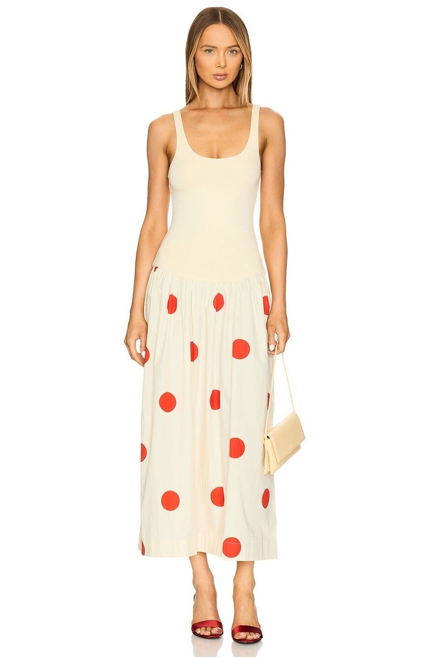 SWF Cream Red Polka Dot Romantic Playful Stretch Singlet Maxi Dress Casual Small